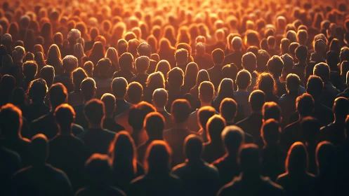 Golden evening crowd gathers under warm glowing light together