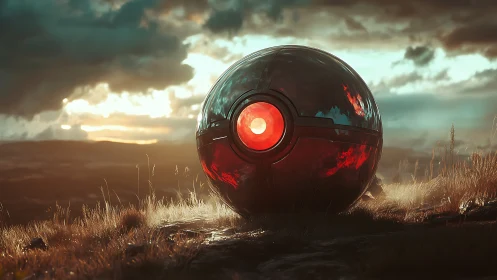 Gentle alien eye resting in a windswept golden field.