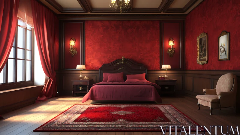 Cozy red bedroom retreat with elegant classic charm.