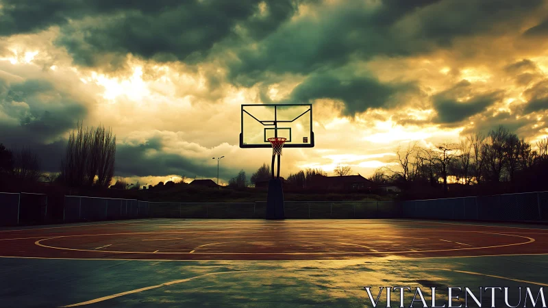 Outdoor basketball court under dense clouds at sunset sky.