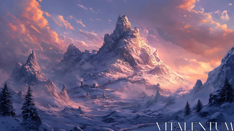 Snowy mountain fortress under soft sunset light.