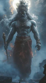 Mythic blue humanoid figure walking through smoky terrain.