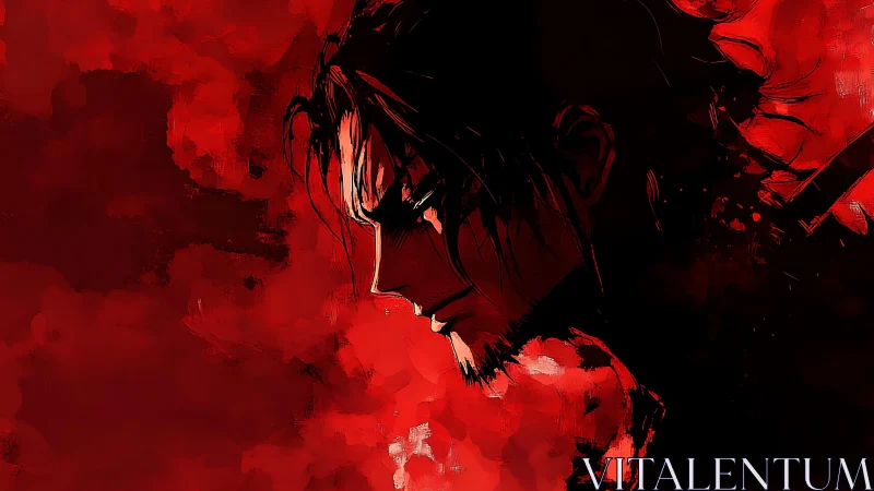 Profiled ronin in high-contrast crimson vector turbulence.