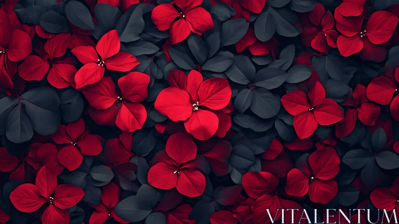 Chromatic Botanical Composition: Red Petals Against Obsidian Foliage.