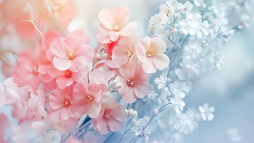 Soft focus pink and white blossoms in cool pastel tones.