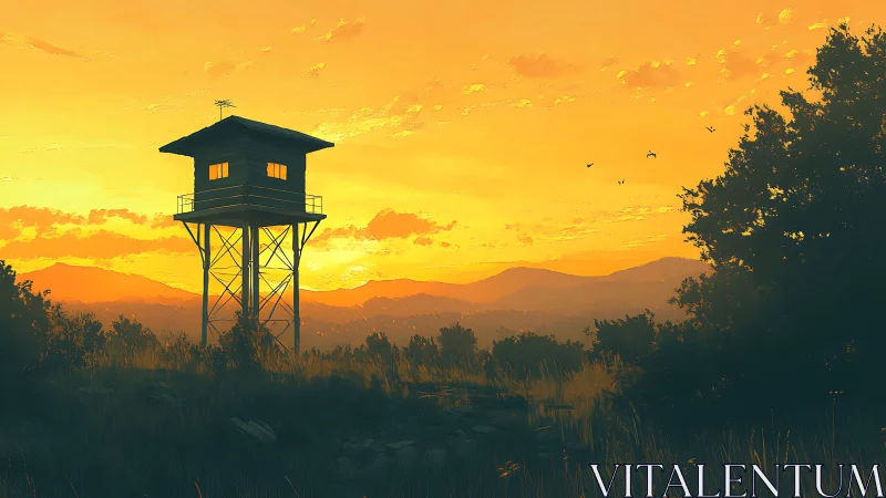 Isolated fire lookout tower silhouettes against volumetric sunset sky