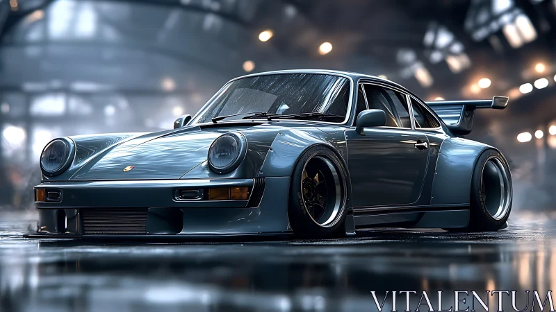 Low-slung turbo legend prowls beneath shimmering warehouse lights