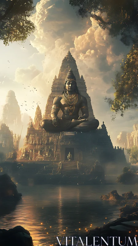 Serene temple guardian in golden light above sacred waters.