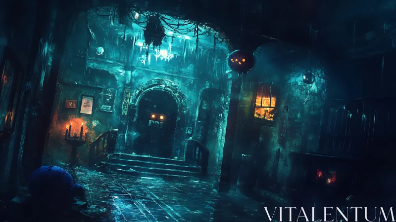 Haunted decayed hallway with glowing jack o lantern orbs