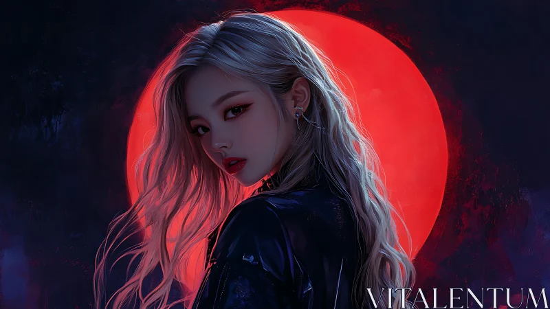 Moonlit girl in leather bathed in bold crimson glow.