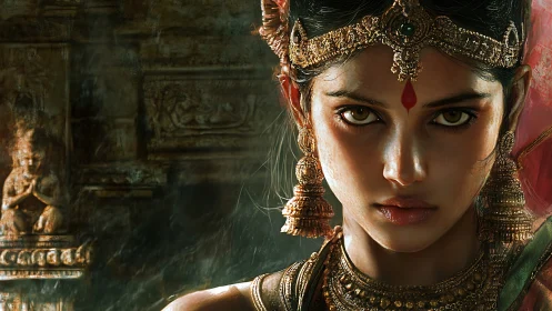 Warrior queen stares forward, jeweled crown catching firelight.