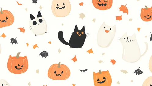 Playful Halloween Pattern With Pumpkins Cats and Ghosts