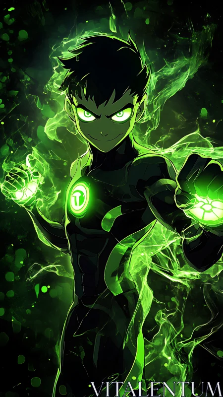 Energetic teen hero with luminous green plasma aura in suit