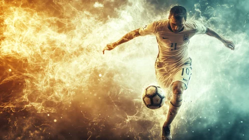 Dynamic soccer striker surges through fiery, electric smoke