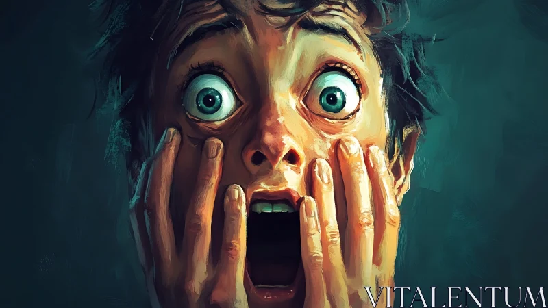 Shock-stricken portrait with wide eyes and vivid brushwork.