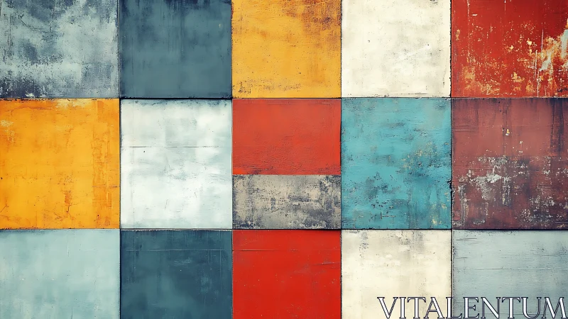 Weathered geometric color blocks form balanced abstract grid