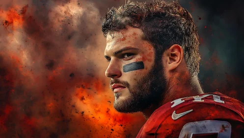 Digital gridiron warrior amid explosive abstract backdrop.