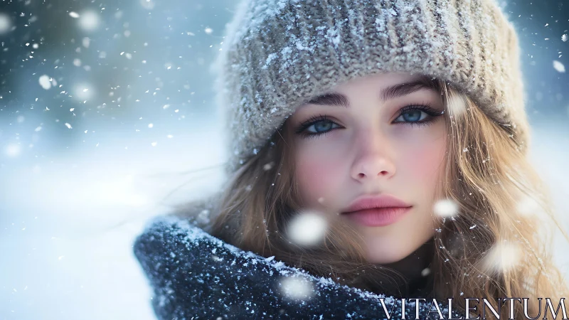 Winter portrait captures serene blue-eyed gaze amid snow.
