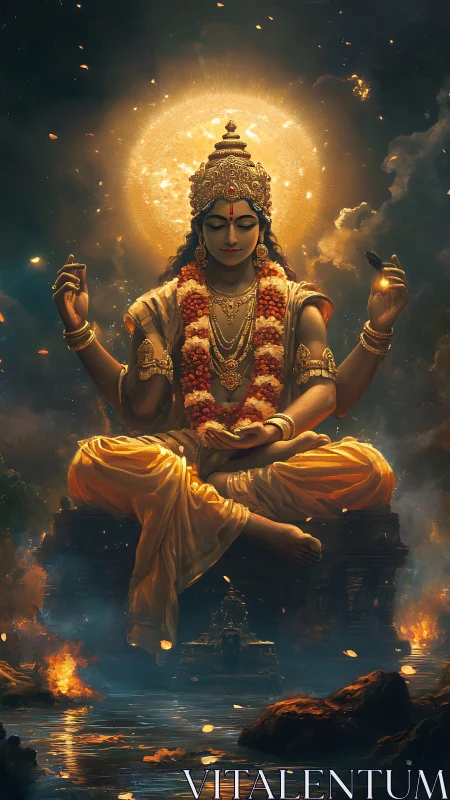 Solar halo crowns serene four-armed deity in molten twilight