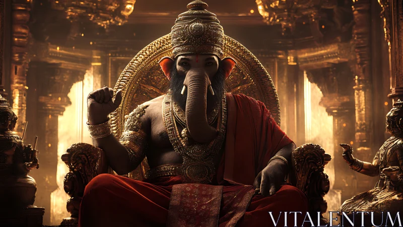 Regal elephant-headed deity rules a molten-gold throne room