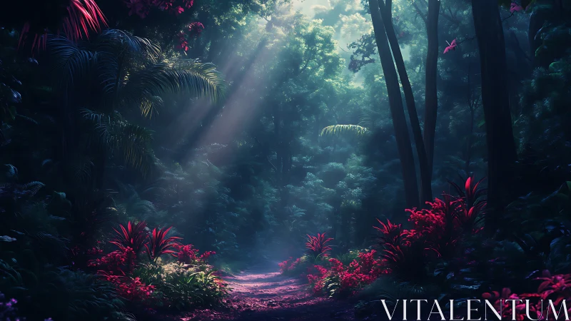 Mystical jungle pathway bathed in ethereal light rays