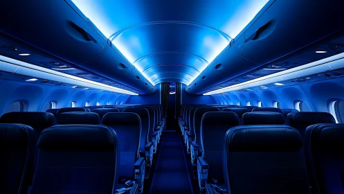 Empty blue-lit airplane cabin interior with aligned seating.