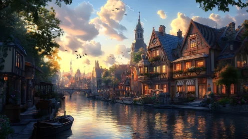 Sunlit canal town renders warm facades with volumetric sunset lighting