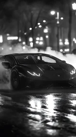 Monochrome supercar night study with cinematic street lighting.
