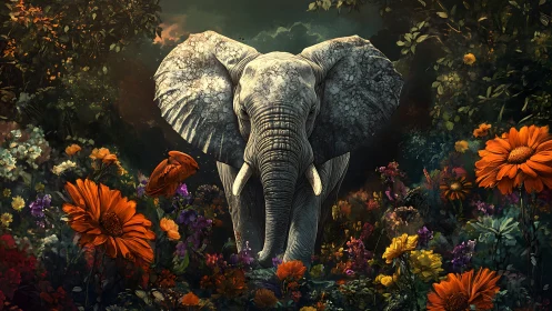 Elephant emerging through florid jungle under dramatic light