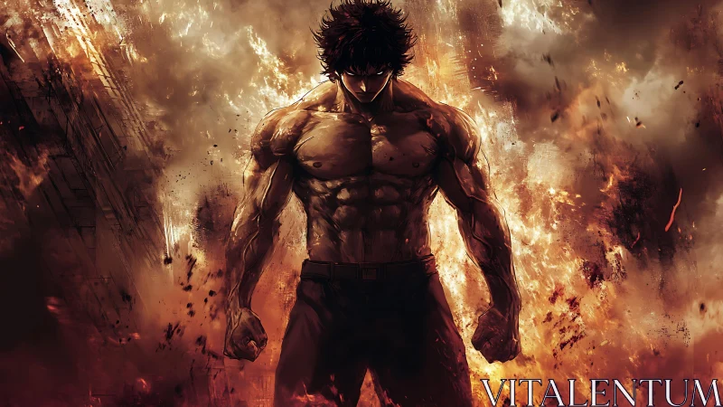 Muscular anime warrior emerges from roaring inferno.