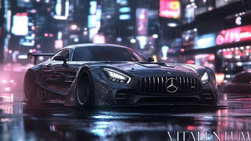 Low-slung AMG supercar idles in neon-soaked cyberpunk rainscape