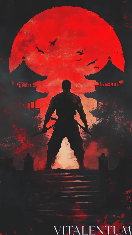Blood-red moon crowns the lone warrior on shadowed steps