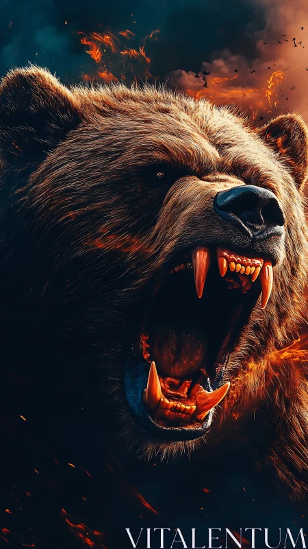 Incandescent ursine roar under pyroclastic twilight sky.