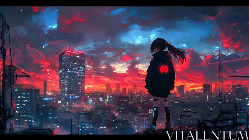 Solitary rooftop dreamer watching a neon painted sunset city.