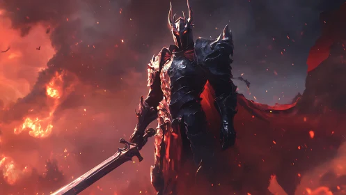 Hellfire warlord in obsidian armor amid searing storm.