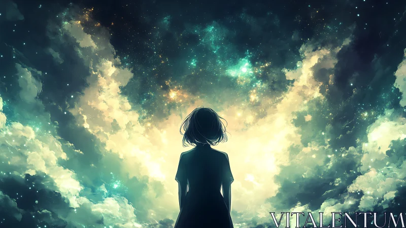 Stargazing dreamer standing beneath a glowing cosmic sky.