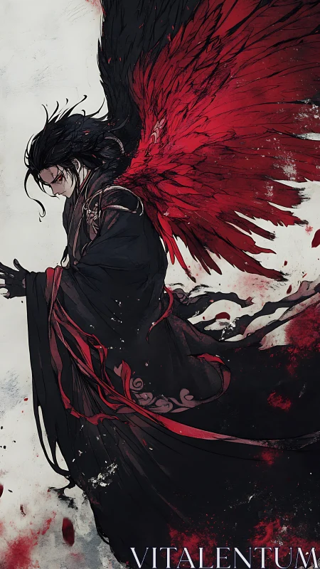 Winged dark robed figure with red and black feathers stands