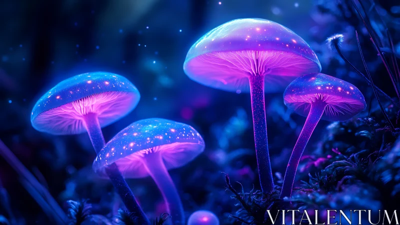 Bioluminescent forest mushrooms whisper in electric violet glow