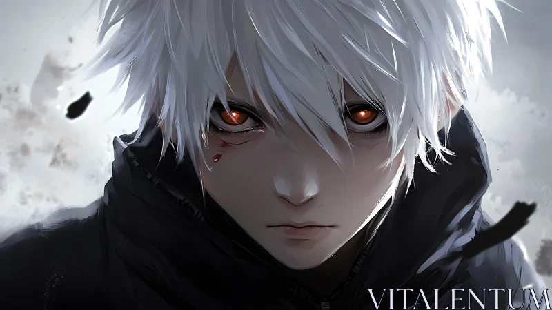 Monochrome anime portrait isolates a red-eyed, wounded youth