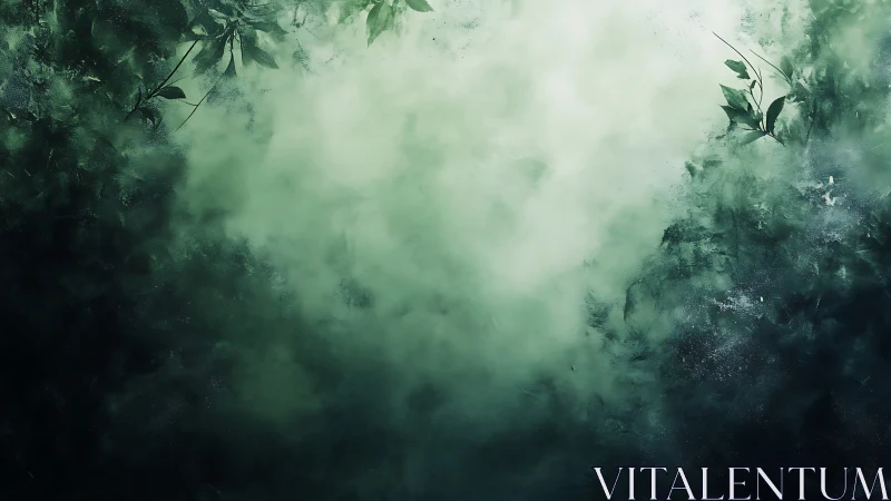 Mystic green mist envelops dark forest foliage edge.