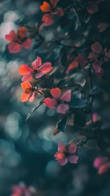 Red and orange flowers photographed with shallow depth of field and warm backlighting.