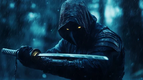 Hooded masked swordsman in rain with drawn katana blade.