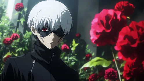 Brooding white-haired figure stands amid bold crimson blooms
