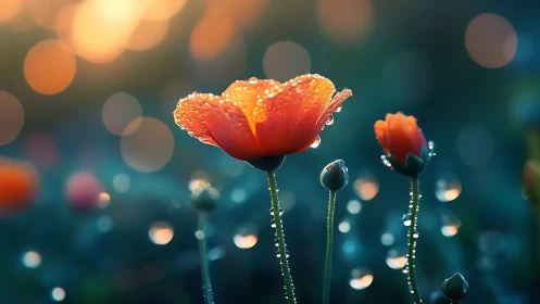 Dewlit orange poppy glows against dreamy bokeh dusk.