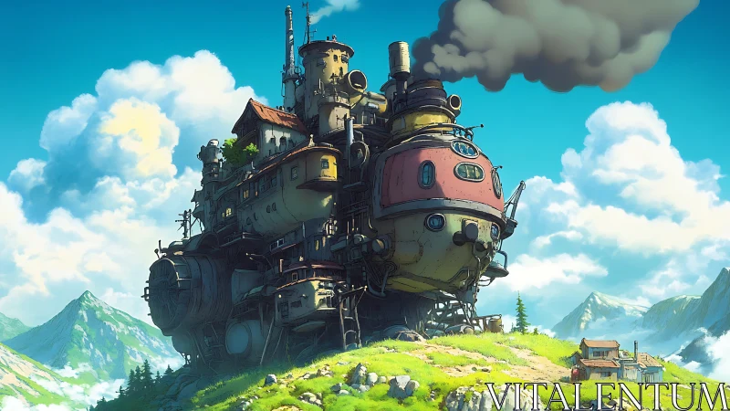 Large mechanical walking house in alpine valley landscape.