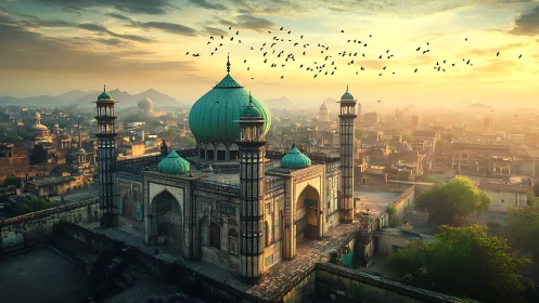 Historic city mosque with green domes under hazy sunrise light.