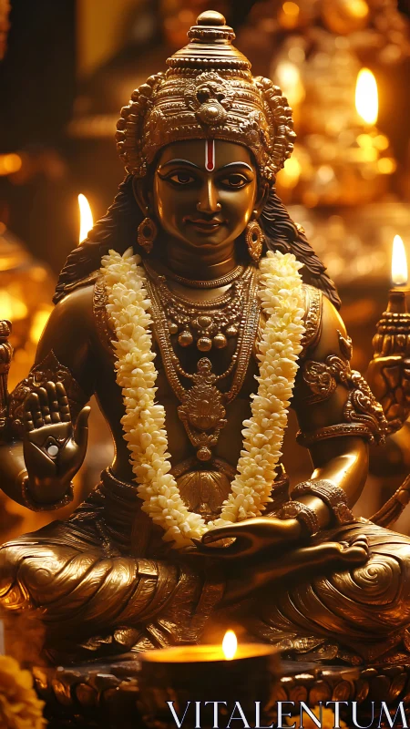 Gilded Hindu deity sculpture with garland in candlelit shrine