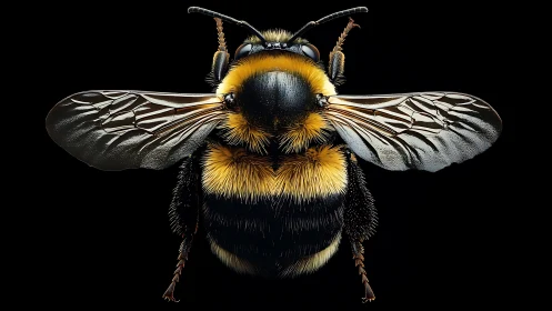 Bold bumblebee spreads shimmering wings against deep black