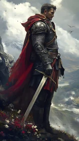 Lone armored knight broods on a stormlit mountain ridge