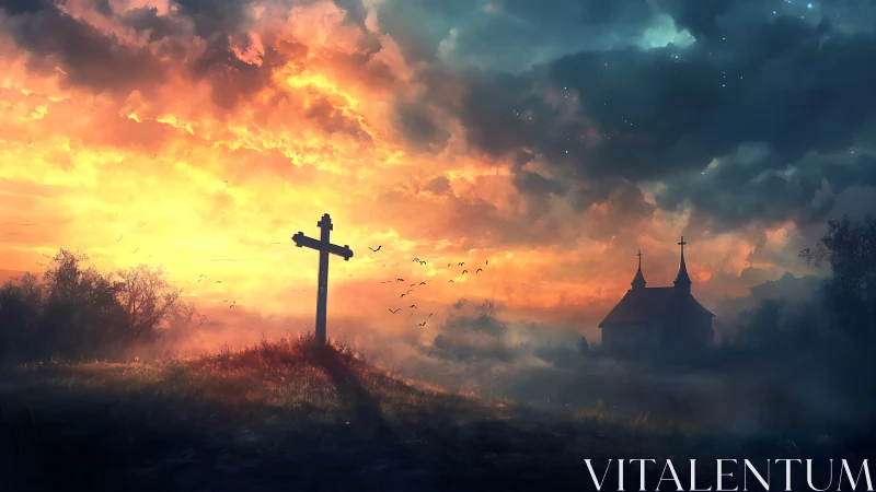 Digital painting of cross and chapel at dramatic twilight sky.